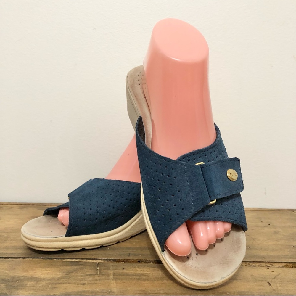 Navy Blue Suede Perforated Slides Shoes Casual Comfy Resortwear Cruise